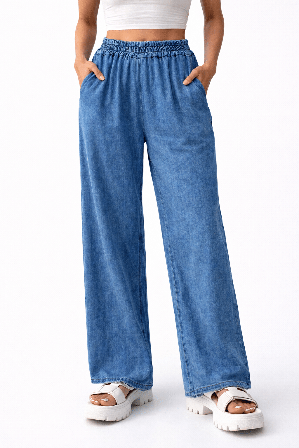Bodie Soft Light Denim Palazzo Trousers 12-14 - Image 4