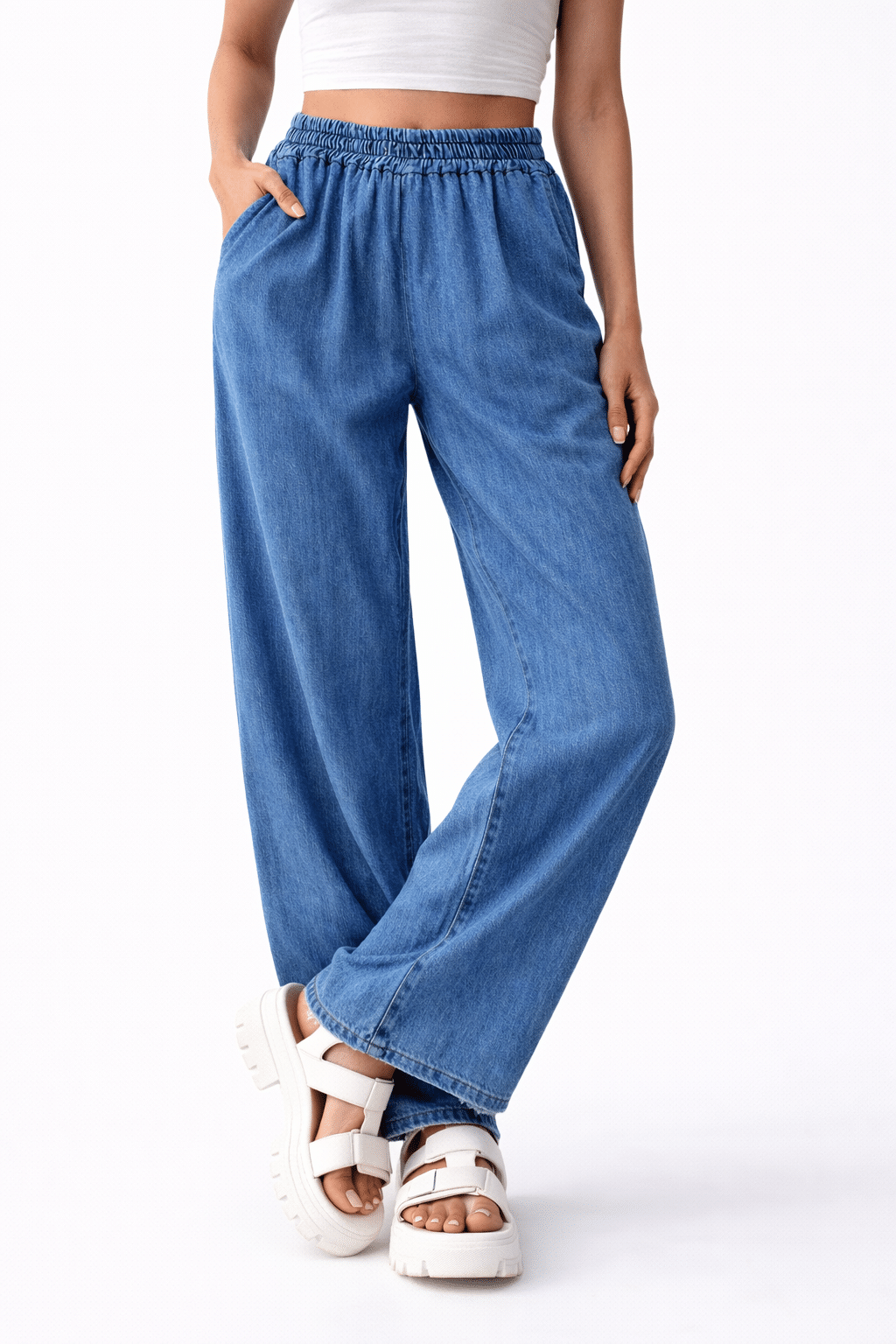 Bodie Soft Light Denim Palazzo Trousers 12-14 - Image 3