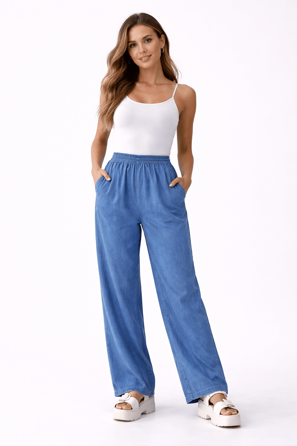 Bodie Soft Light Denim Palazzo Trousers 12-14 - Image 2