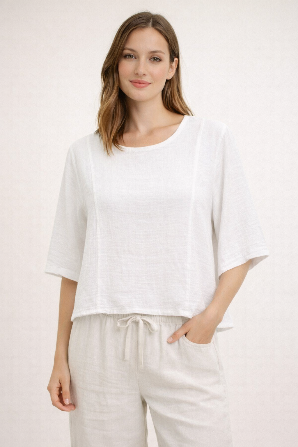 Clare : Short cropped Linen mix Top Sea Salt Collection 12-16 - Image 7