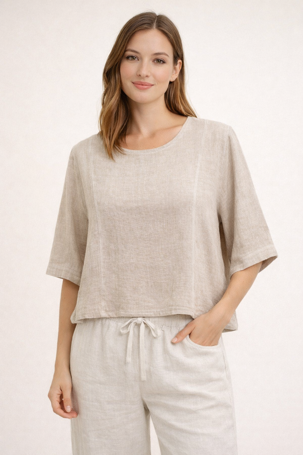 Clare : Short cropped Linen mix Top Sea Salt Collection 12-16 - Image 6