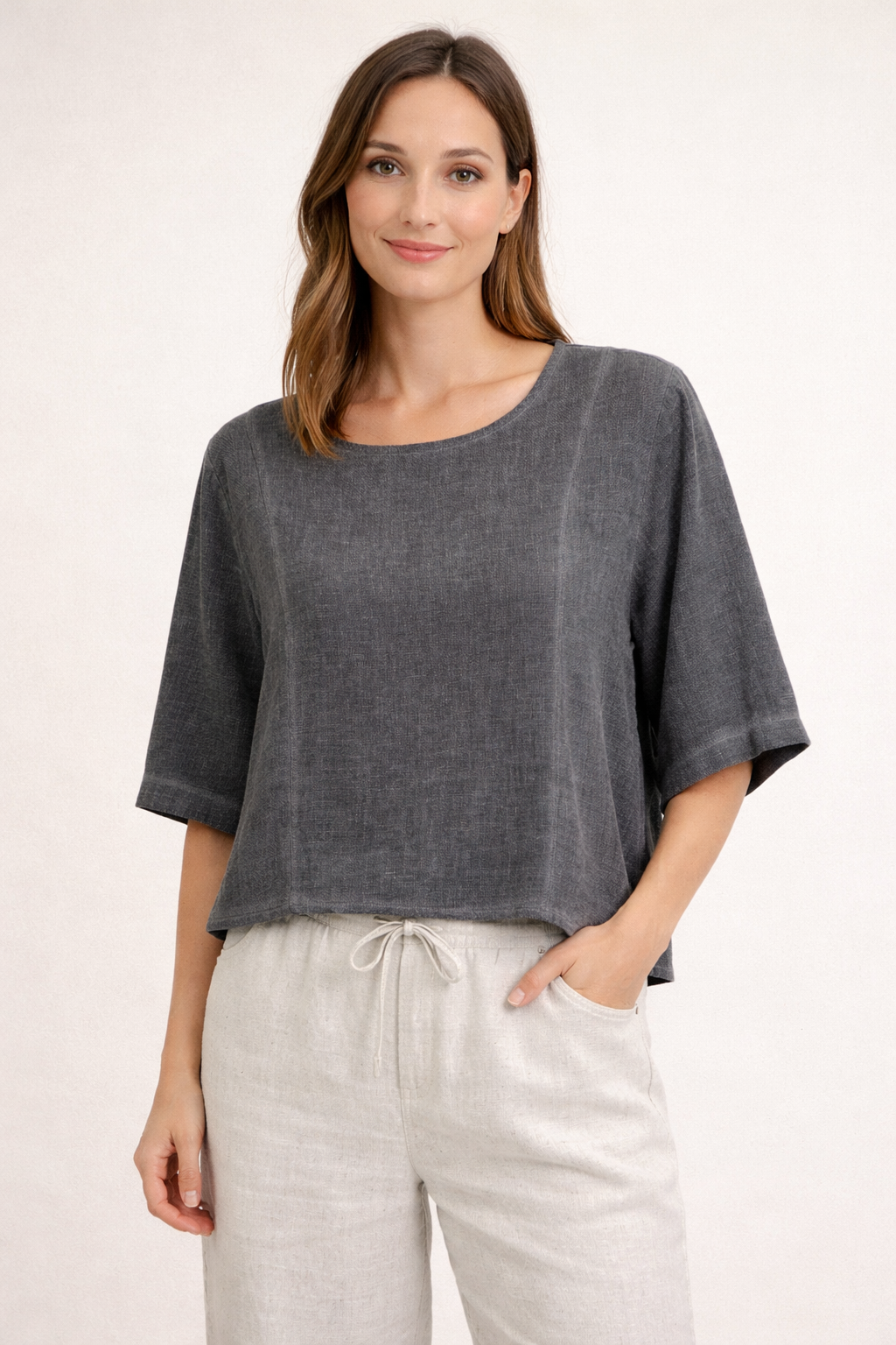 Clare : Short cropped Linen mix Top Sea Salt Collection 12-16 - Image 5